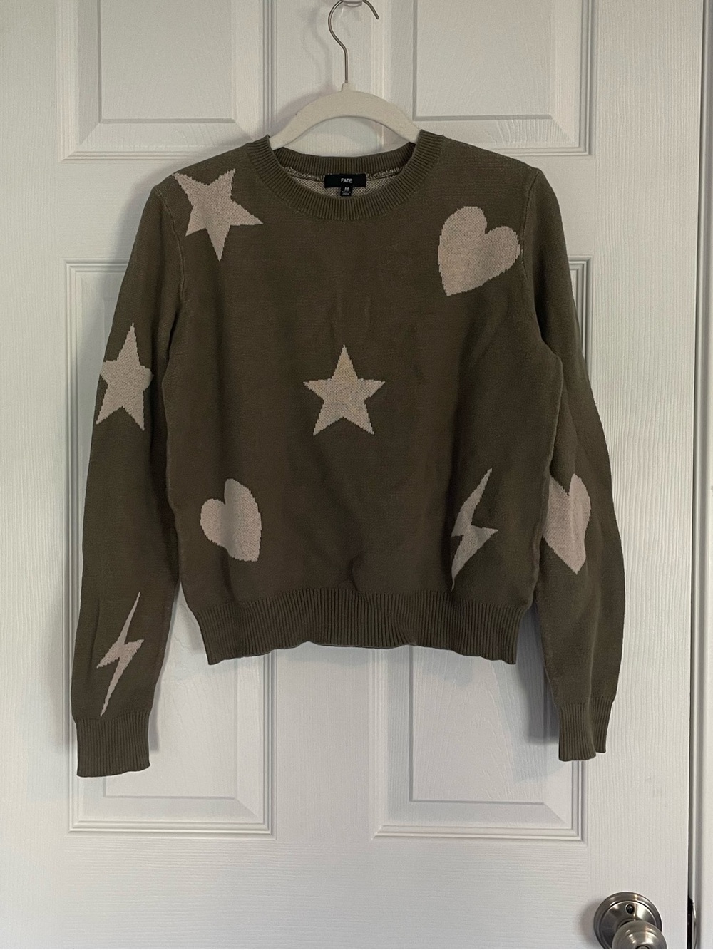 Fate Olive Green Crewneck Sweater with Cream Hearts, Stars & Lightning